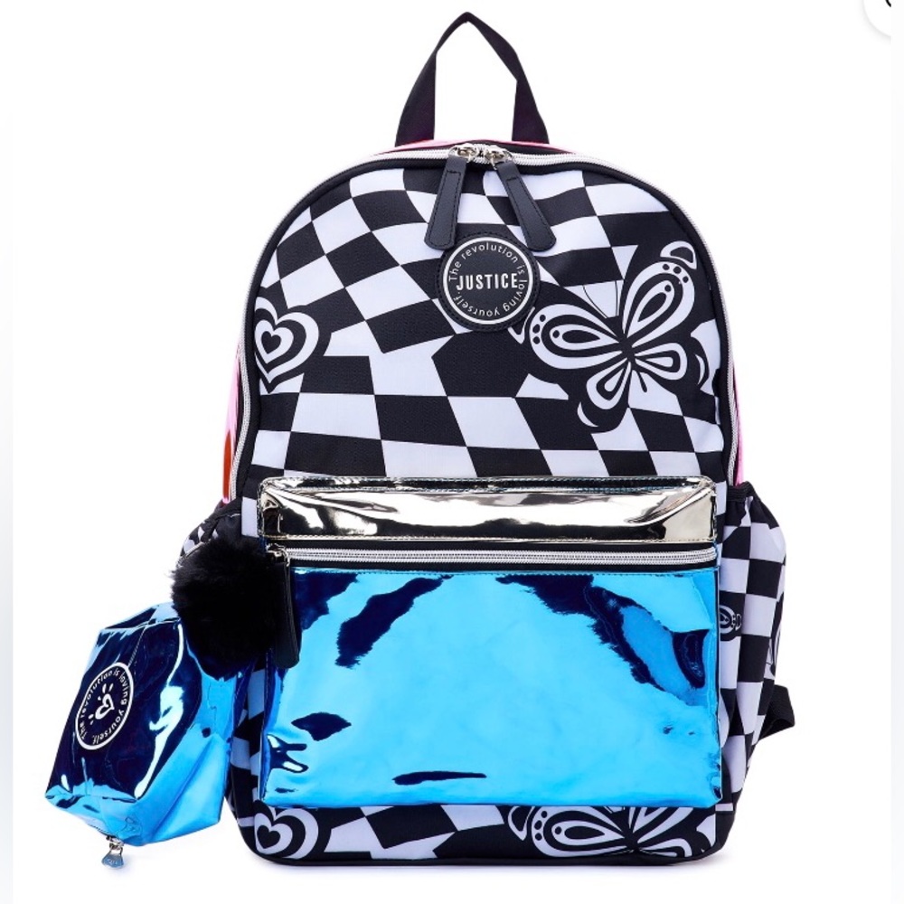 Justice Girls 17" Laptop Backpack with Pouch 2-Piece Set, Foil Multi-Color